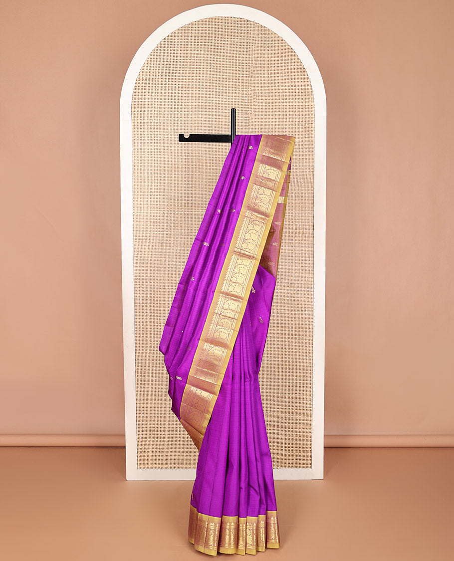 Violet floral design kancheepuram silk saree with contrast border of rekku, banaras , floral design & zari design pallu