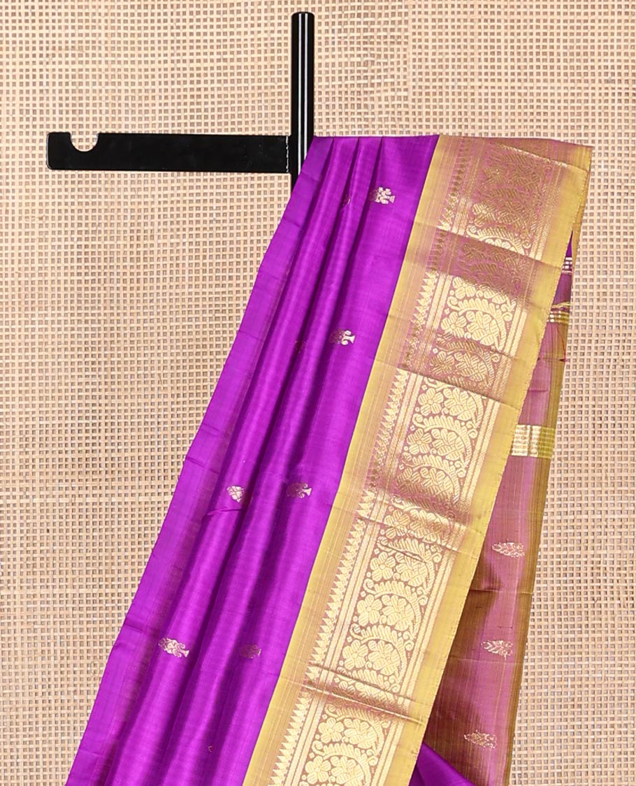 Violet floral design kancheepuram silk saree with contrast border of rekku, banaras , floral design & zari design pallu