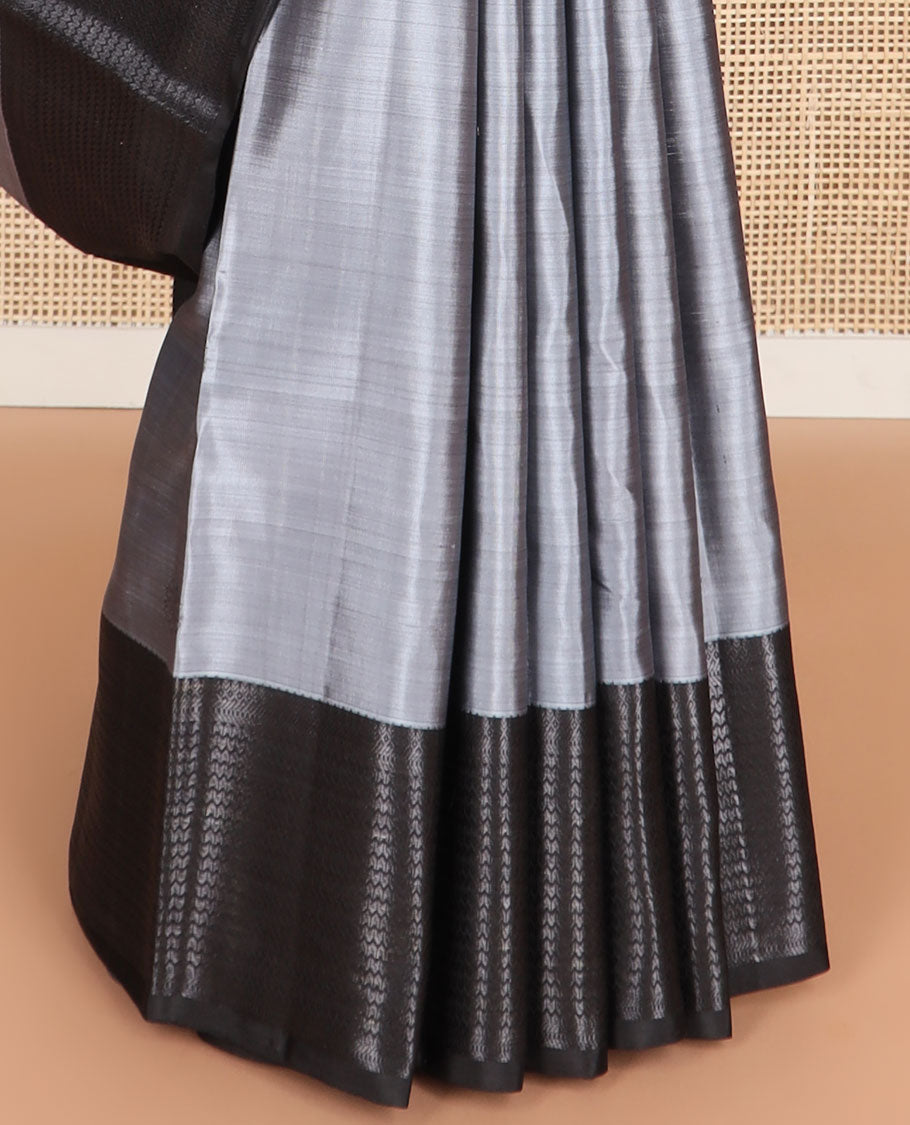 Grey buttas kancheepuram silk saree with self border of thilakam mokku, muthu, banaras design & zari design pallu