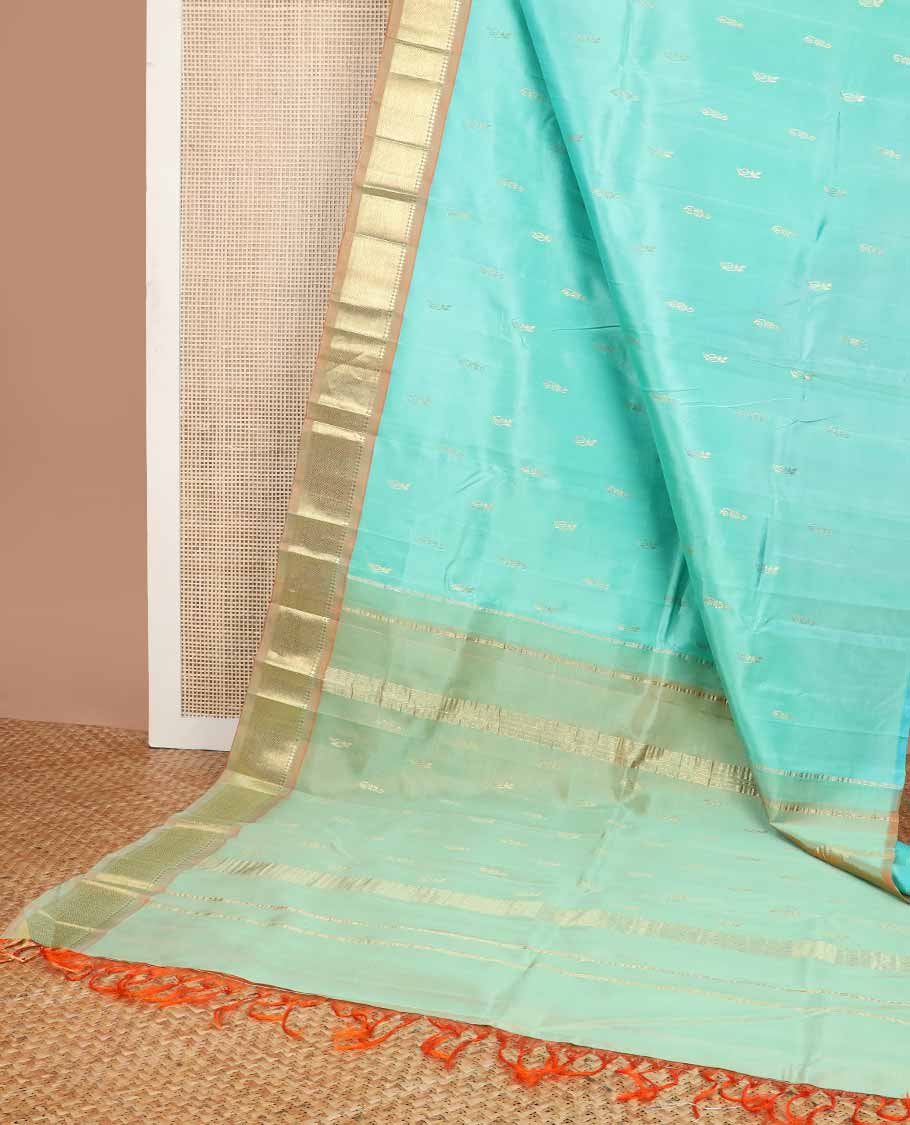 Light blue buttas kancheepuram silk saree with contrast border of rekku, kathir, kuyil kann design & zari design pallu