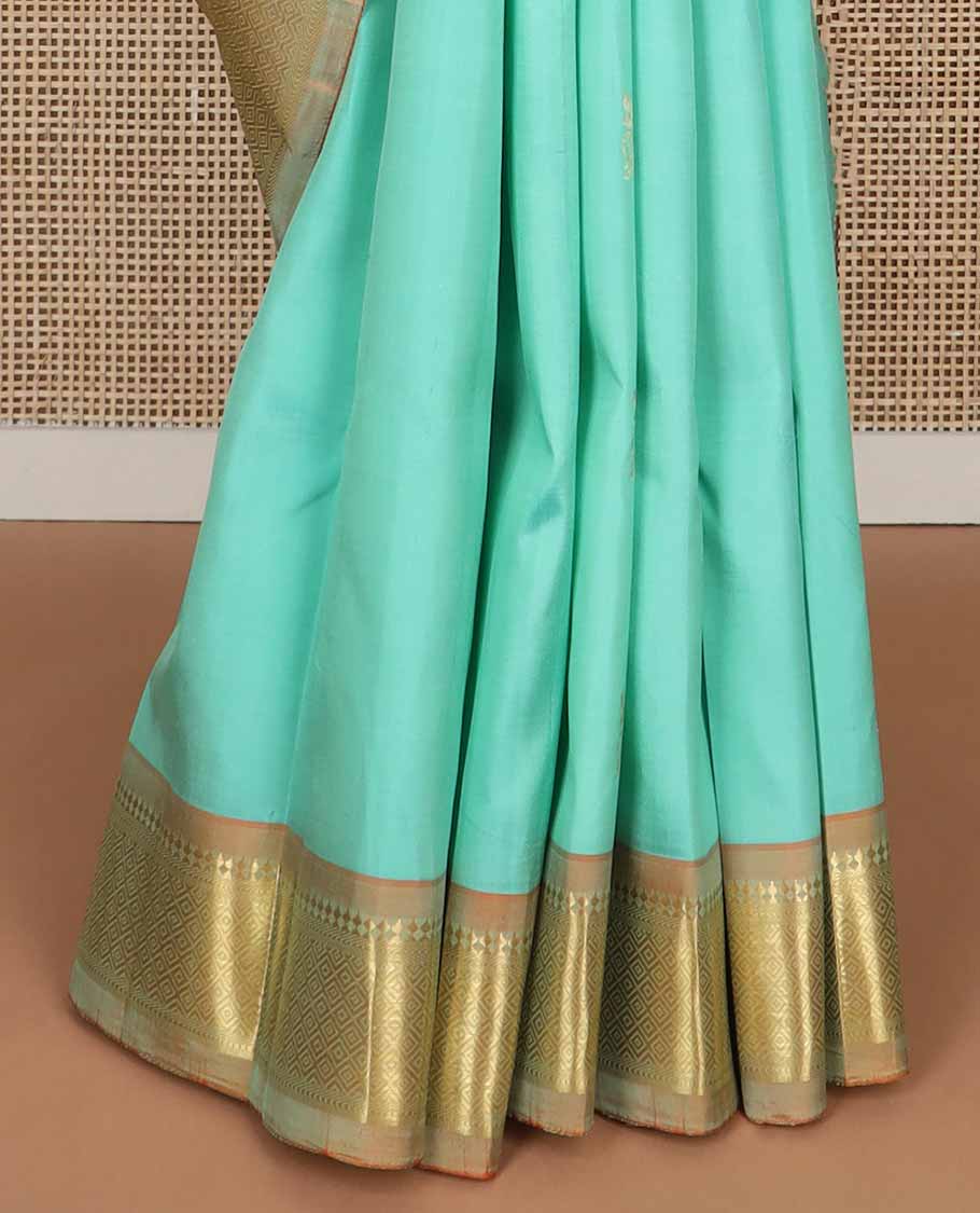 Light blue buttas kancheepuram silk saree with contrast border of rekku, kathir, kuyil kann design & zari design pallu