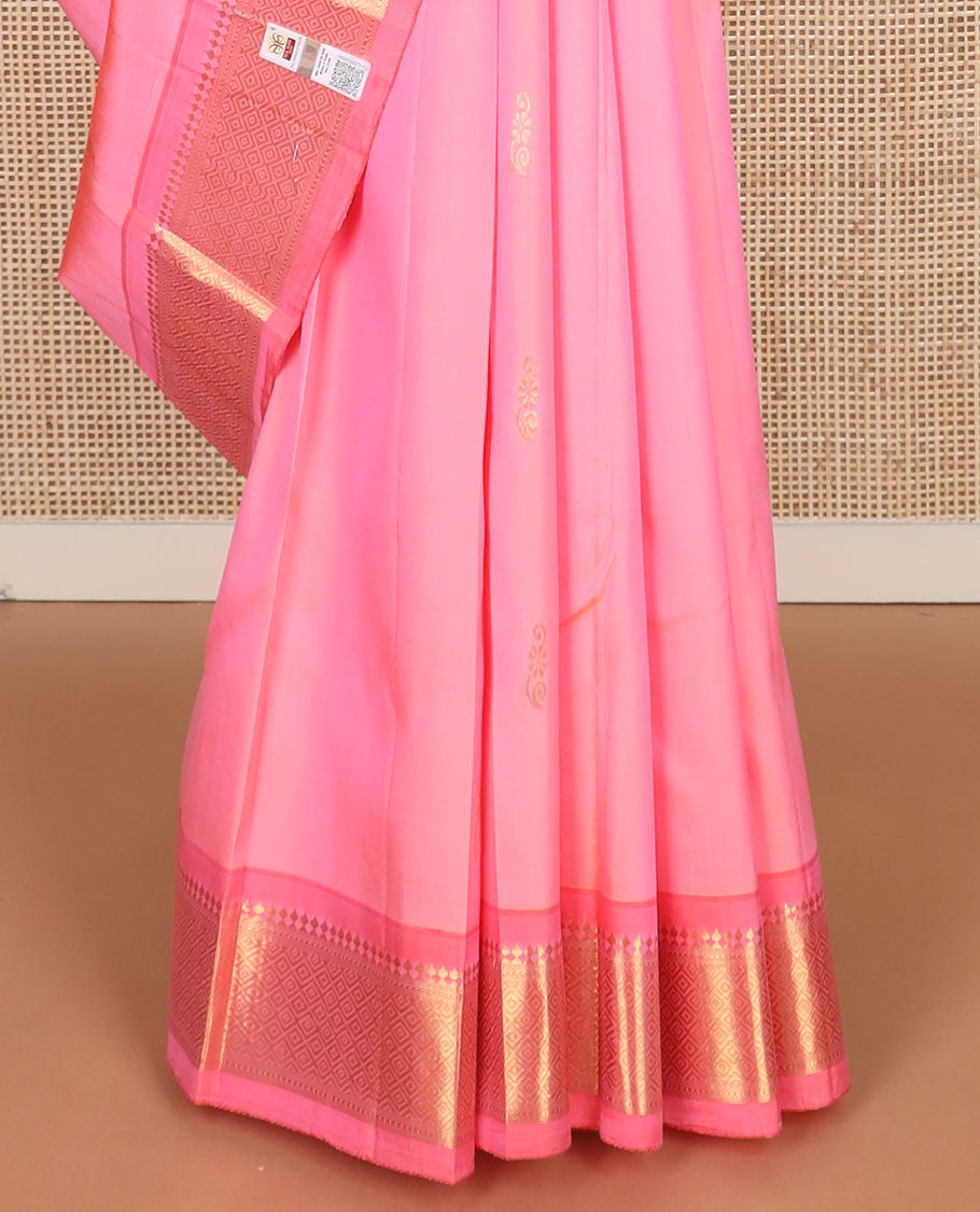 Pink zari buttas kanchipuram silk saree, contrast one-sided border of paneer sombu,banaras,muthu & jaal design & zari design pallu