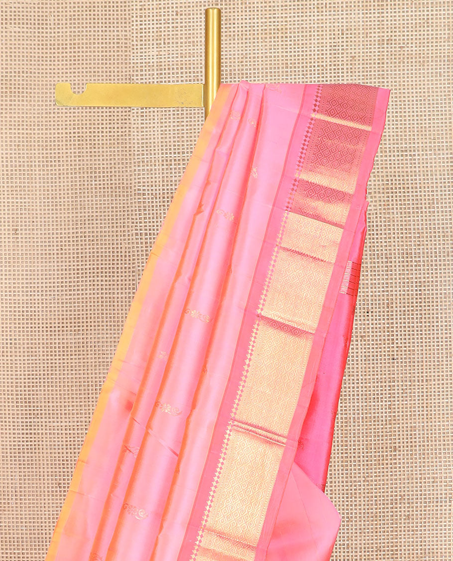 Pink zari buttas kanchipuram silk saree, contrast one-sided border of paneer sombu,banaras,muthu & jaal design & zari design pallu