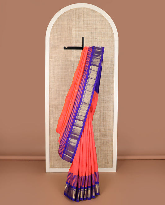 Pink zari buttas Kanchipuram silk saree, contrast micro-checked border of thilakam mokku, banaras & jaal design & zari design pallu