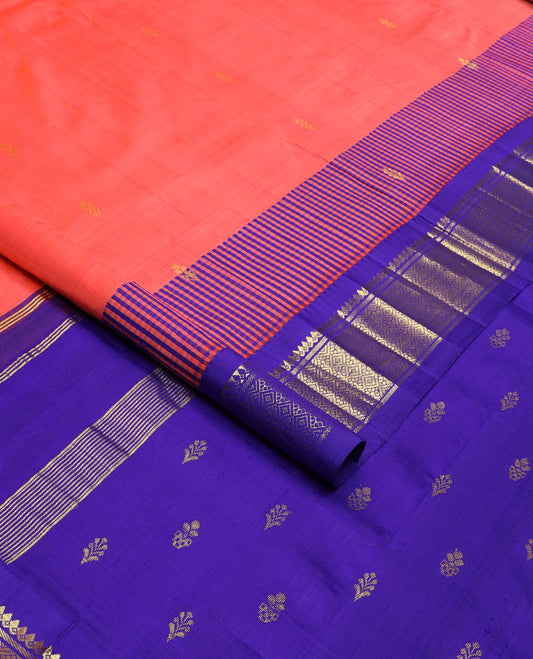 Pink zari buttas Kanchipuram silk saree, contrast micro-checked border of thilakam mokku, banaras & jaal design & zari design pallu