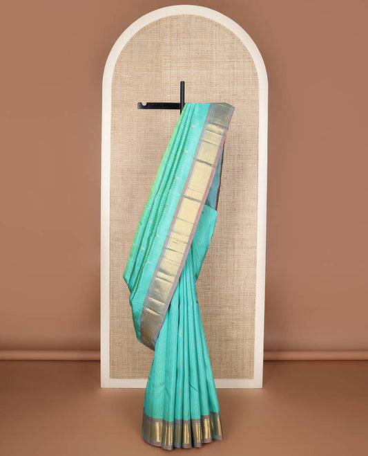 Blue stripes & buttas silk saree, contrast one-sided border of panner sombu, kathir & jaal & zari design pallu