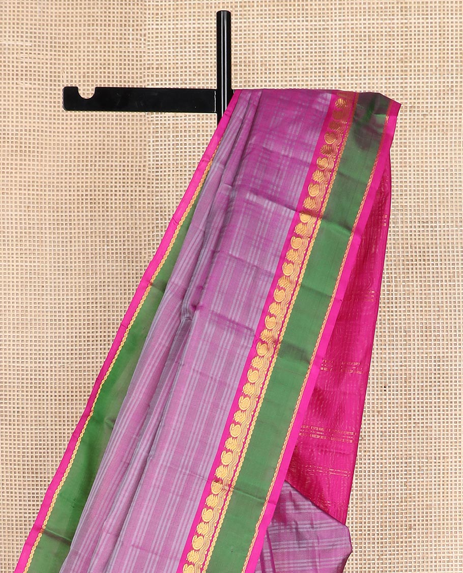 Pink striped Kanchipuram silk saree, contrast rettai pettu border of zari designs, and zari striped pallu