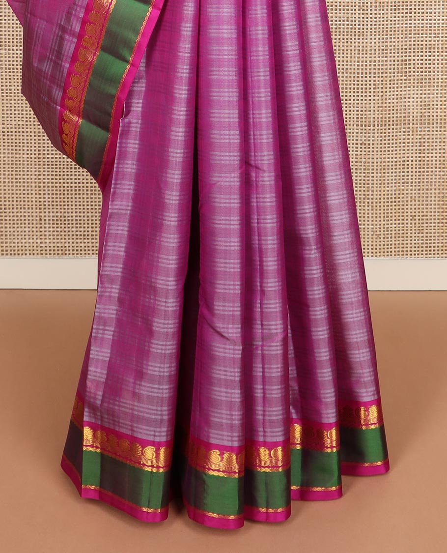 Pink striped Kanchipuram silk saree, contrast rettai pettu border of zari designs, and zari striped pallu