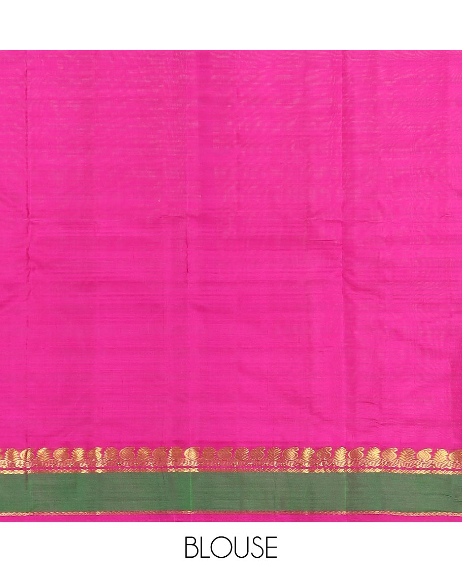 Pink striped Kanchipuram silk saree, contrast rettai pettu border of zari designs, and zari striped pallu