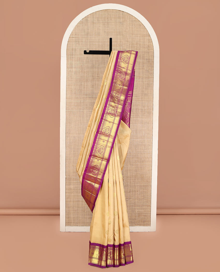 Sandal Kanchipuram Silk Saree, Showcasing Zari Buttas on Its Body, Complemented by Contrast One-Sided Border, Pallu Features Floral and Bird Designs, and Comes Without a Blouse