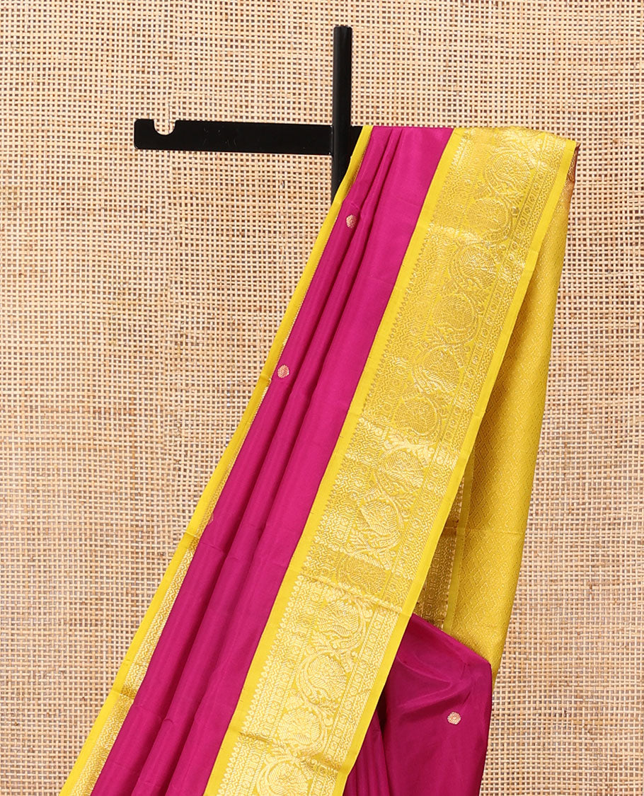 Pink zari buttas silk saree, contrast border of thilakam,neli,banaras,rudraksham & dhavana kodi & jaal design pallu