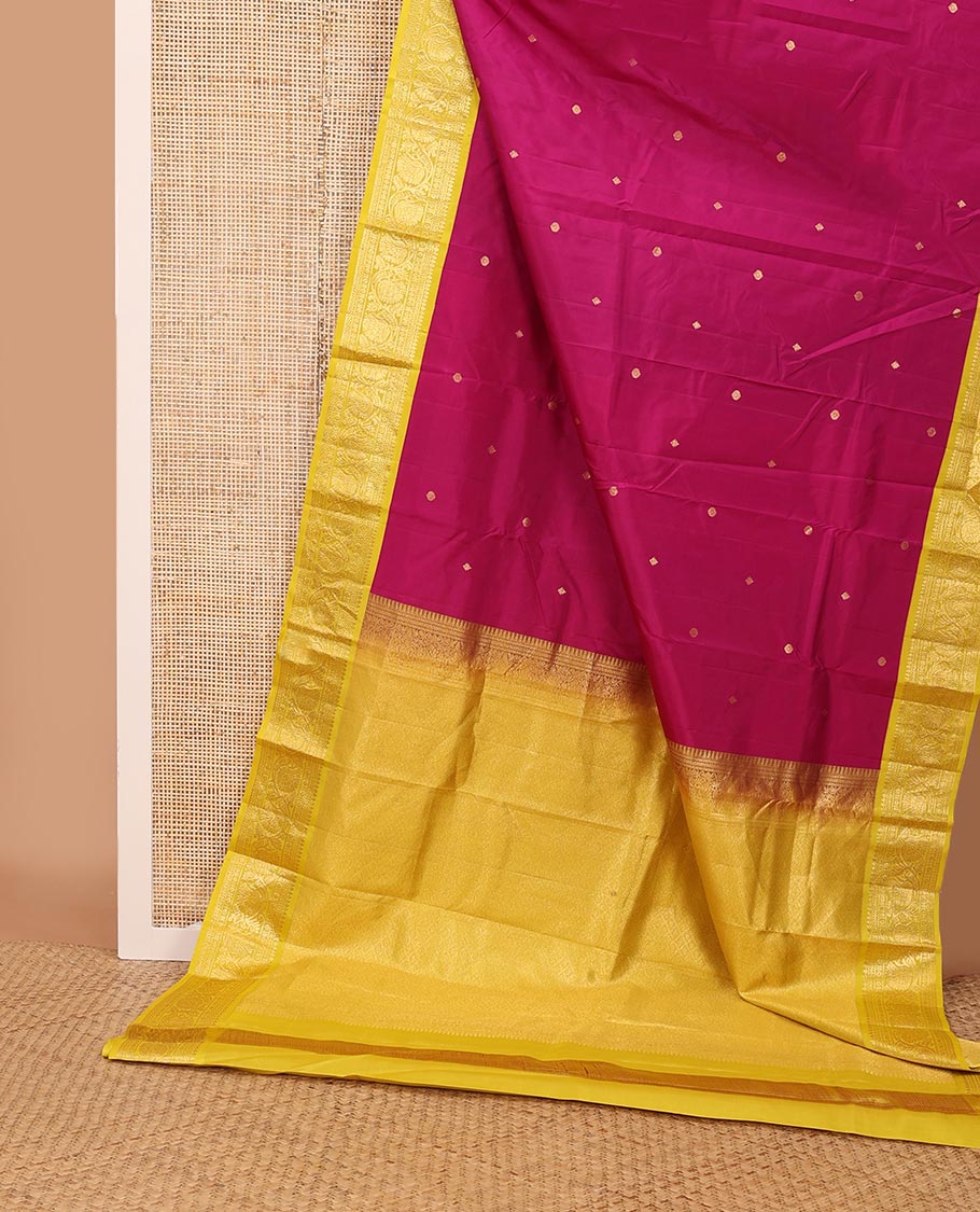 Pink zari buttas silk saree, contrast border of thilakam,neli,banaras,rudraksham & dhavana kodi & jaal design pallu