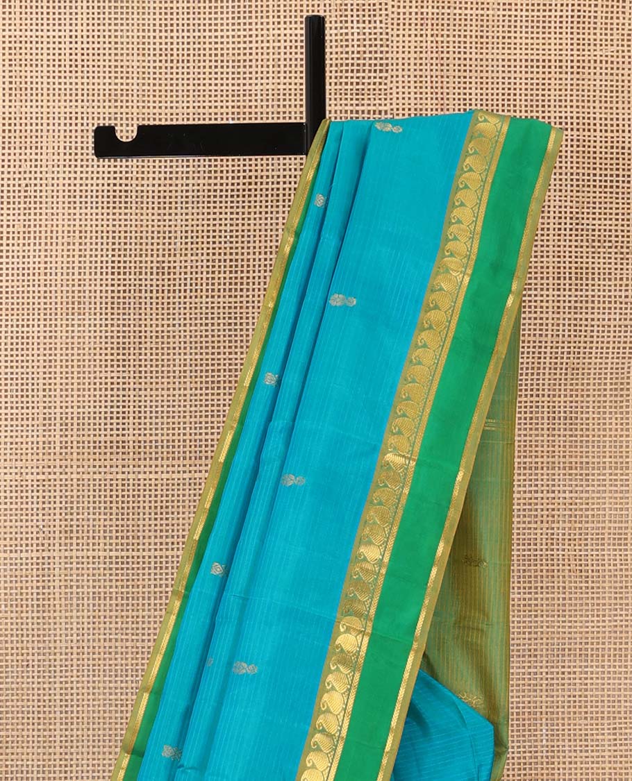 Blue striped Kanchipuram silk saree, contrast rettai pettu border of vanki manga, and kathir designs, and zari design pallu