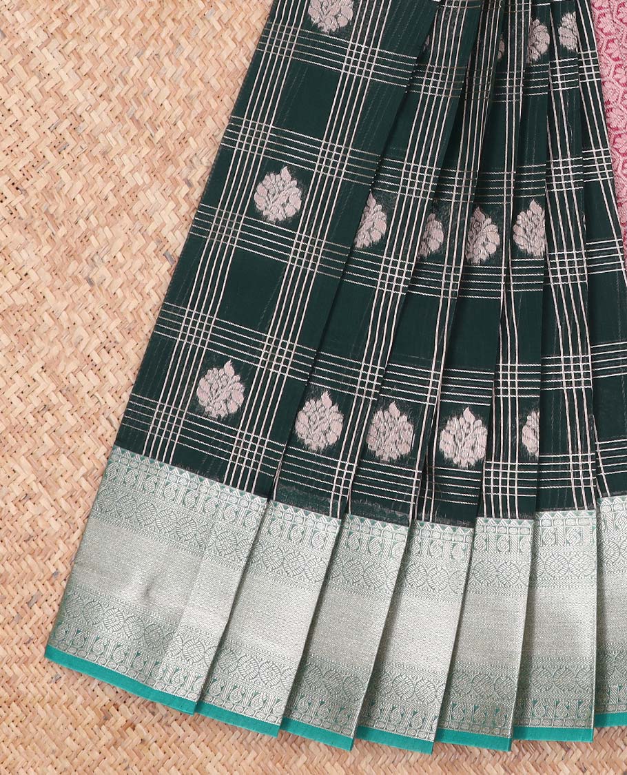 Dark green checked, floral motifs kora cotton saree with contrast zari design border & floral jaal design pallu