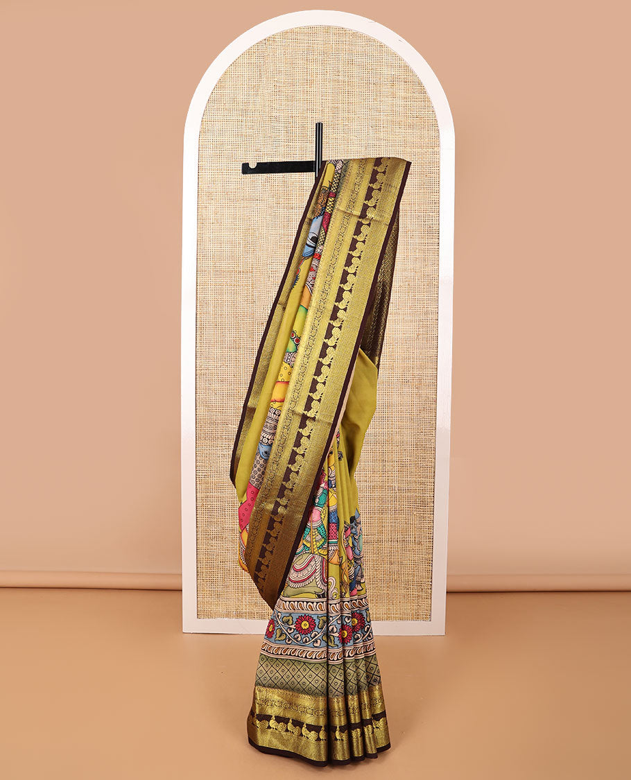 Mint green pichwai theme design kalamkari silk saree with contrast intricate zari design border & floral jaal design pallu