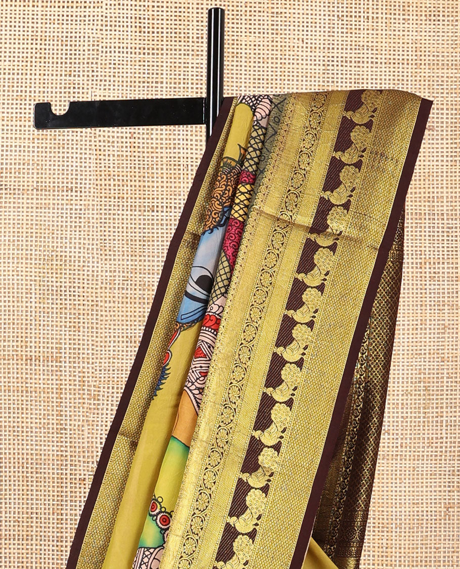 Mint green pichwai theme design kalamkari silk saree with contrast intricate zari design border & floral jaal design pallu