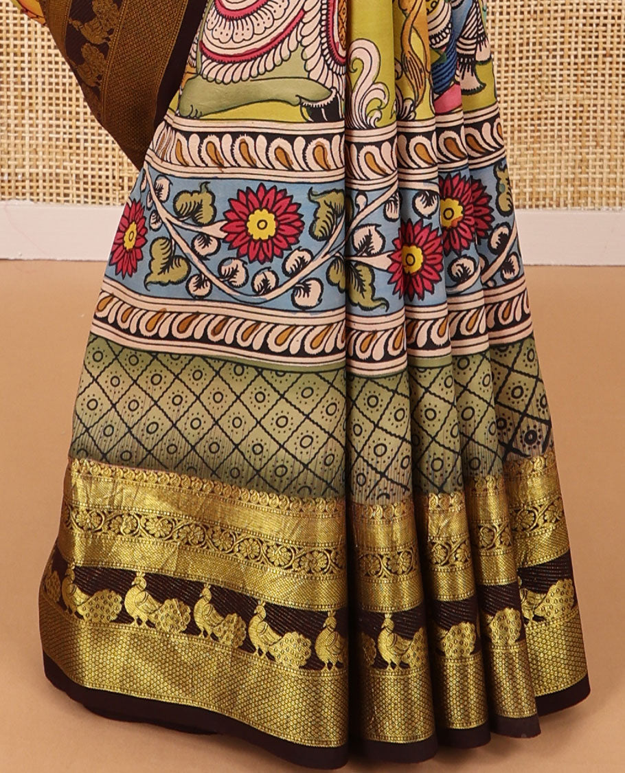 Mint green pichwai theme design kalamkari silk saree with contrast intricate zari design border & floral jaal design pallu