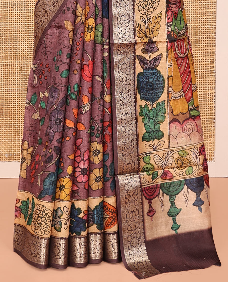 Brown Kalamkari Printed Semi-Banarasi Tussar Saree, Enriched with Floral Design, Zari Border, Contrast Lord Krishna Printed Pallu, and a Contrast Blouse