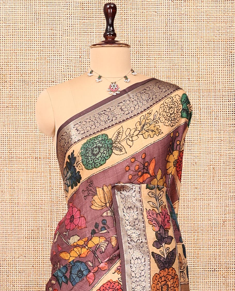 Brown Kalamkari Printed Semi-Banarasi Tussar Saree, Enriched with Floral Design, Zari Border, Contrast Lord Krishna Printed Pallu, and a Contrast Blouse