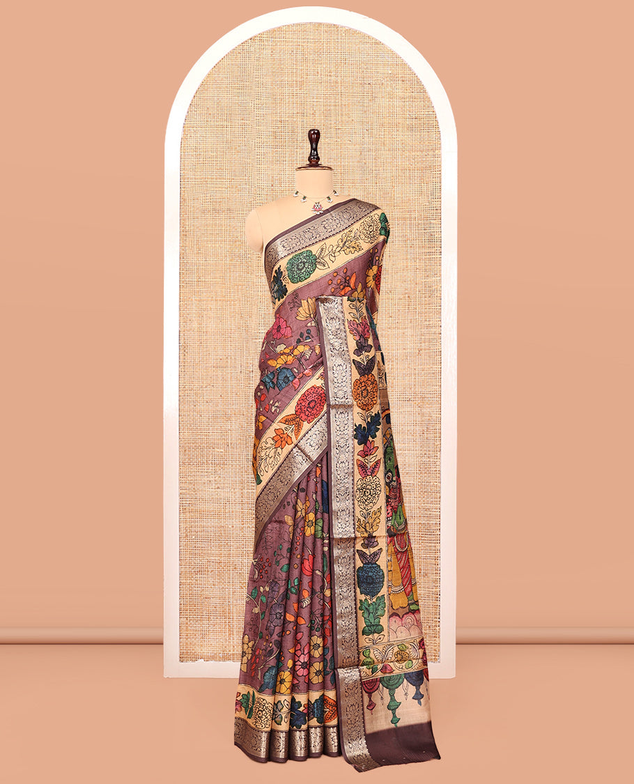 Brown Kalamkari Printed Semi-Banarasi Tussar Saree, Enriched with Floral Design, Zari Border, Contrast Lord Krishna Printed Pallu, and a Contrast Blouse