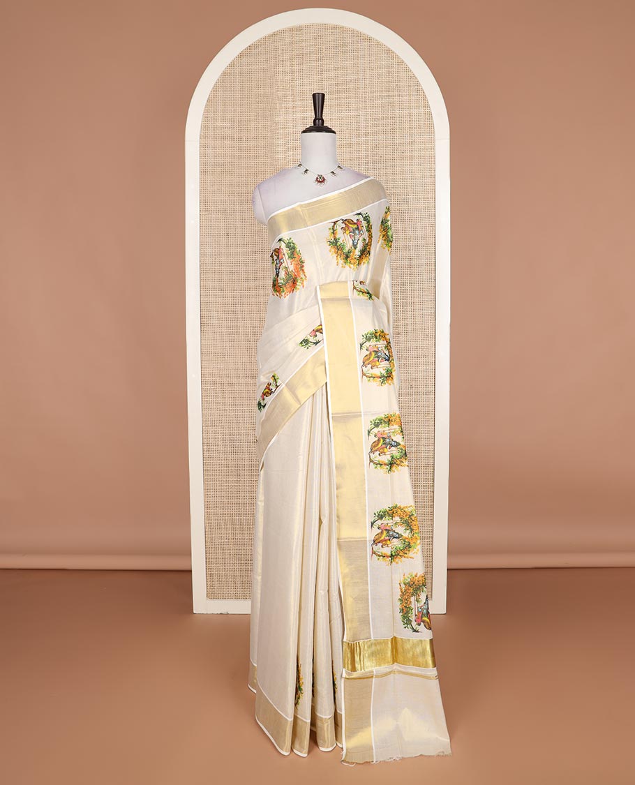 Cream Lord Krishna on the swing design printed Kerala cotton saree, bavanji border, and zari pallu