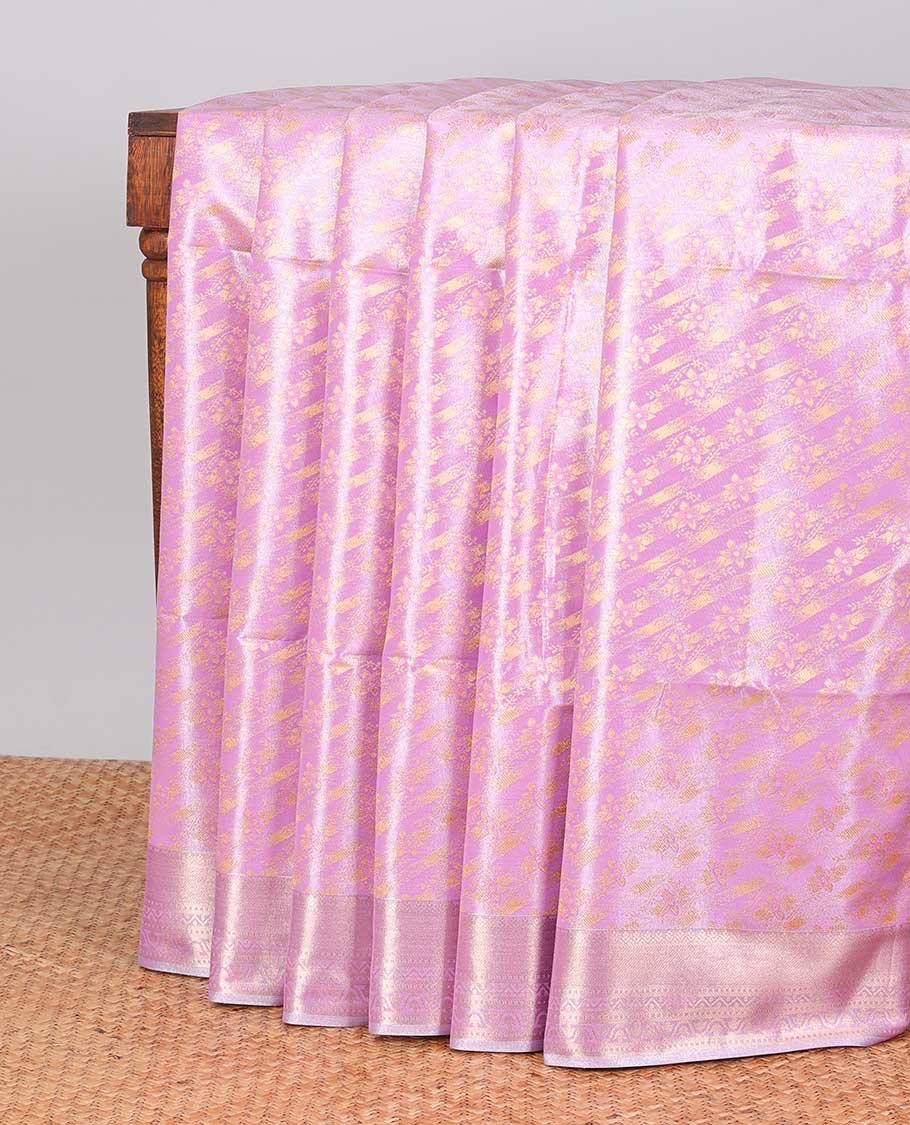 Pink striped floral design kora cotton saree with self zari design border & checked zari design pallu
