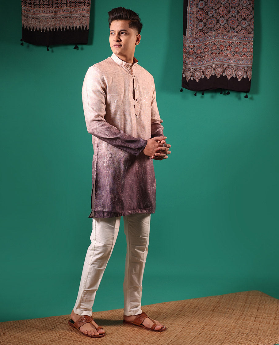 Chikku ombre-toned with sequins embroidered jaal patterned full-sleeved men's kurta