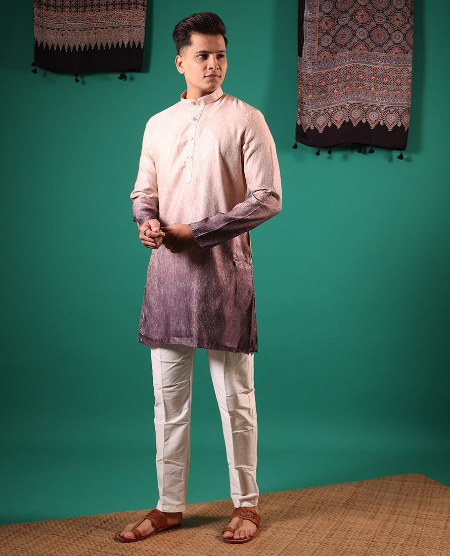 Chikku ombre-toned with sequins embroidered jaal patterned full-sleeved men's kurta
