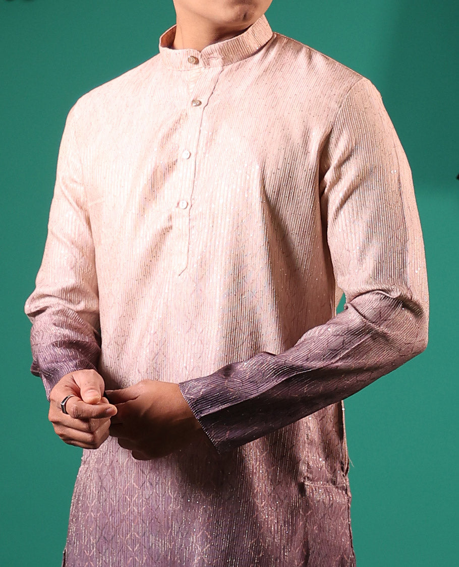 Chikku ombre-toned with sequins embroidered jaal patterned full-sleeved men's kurta