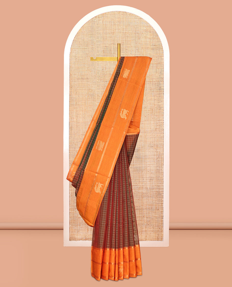 Brown Checked Kuppadam Silk Saree, a Contrast Traditional Yazhi Border, Grand Pallu, a Matching Blouse
