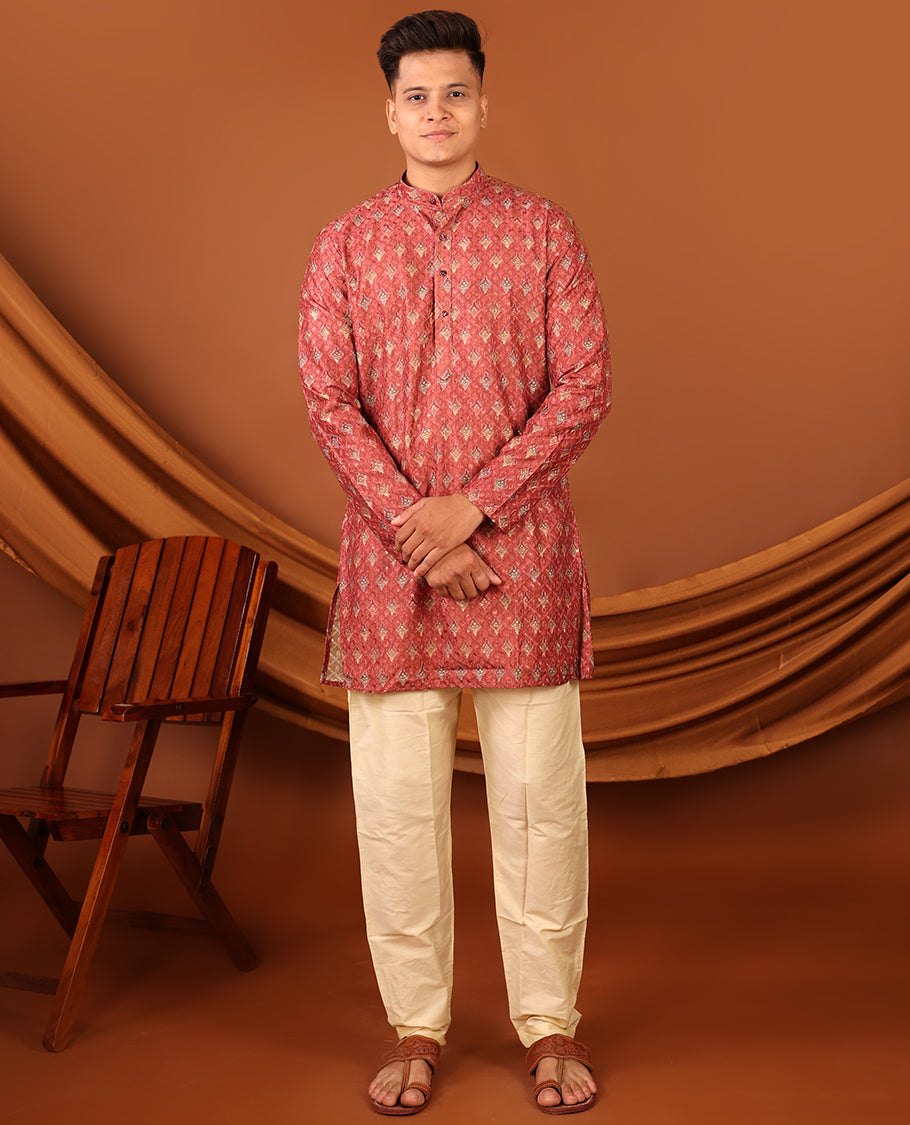 Red Unique Motifs Printed Full-Sleeved Men's Kurta