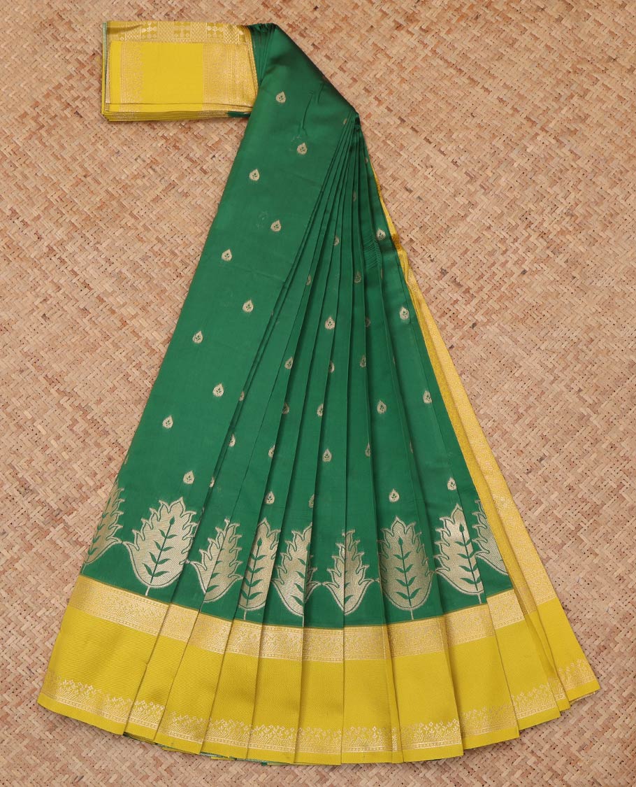 Green Litchi Saree, Detailed with Zari Buttas, a Contrast Traditional Rettai Pettu Border, Grand Pallu, and a Contrast Blouse