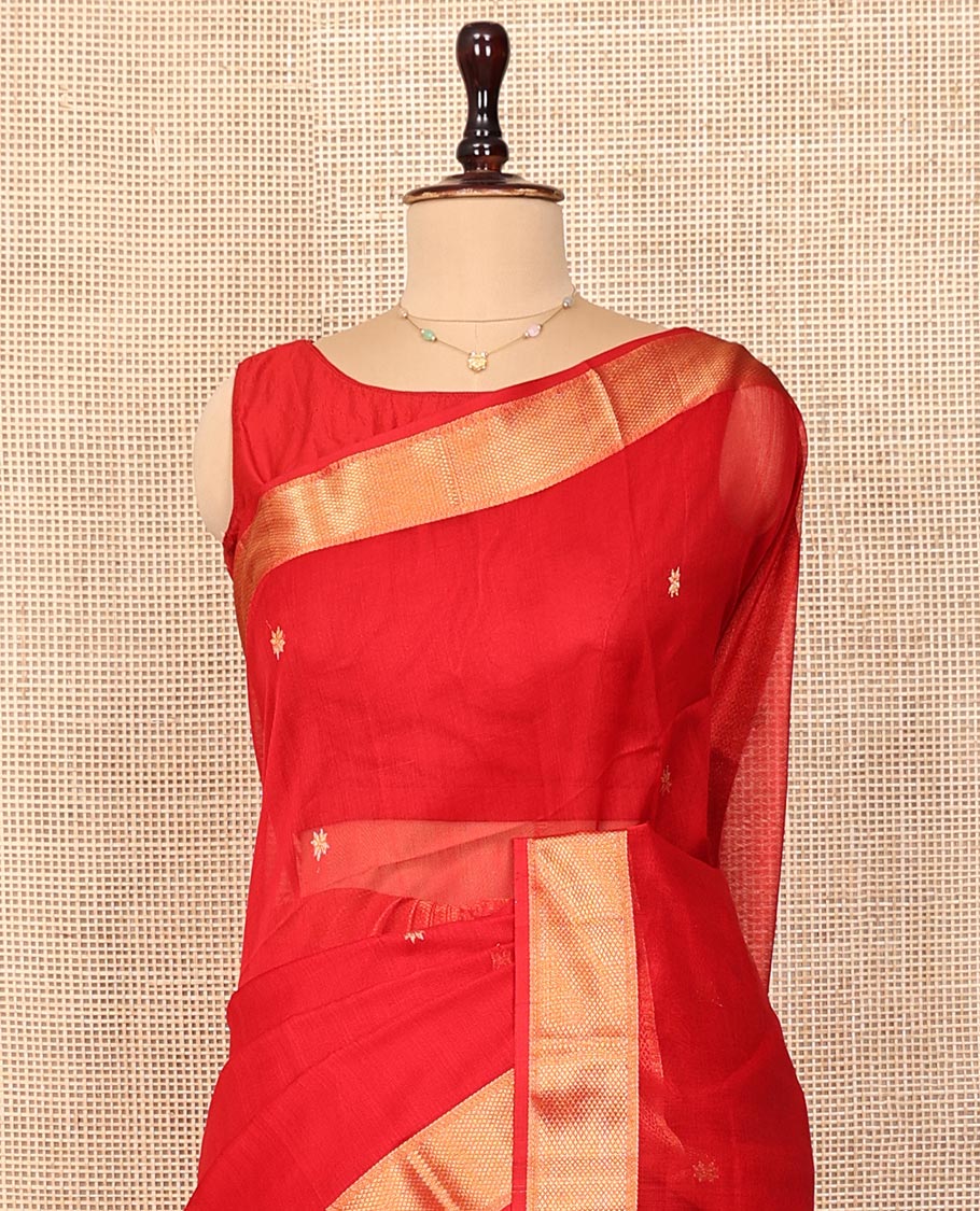 Red Maheshwari Cotton Saree, Adorned with Floral Buttas on Its Body, Highlighted by a Traditional Zari Design Border, Pallu of Zari Design, and Paired with a Matching Blouse