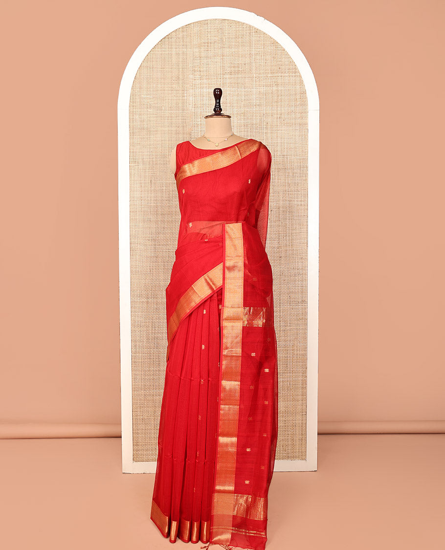 Red Maheshwari Cotton Saree, Adorned with Floral Buttas on Its Body, Highlighted by a Traditional Zari Design Border, Pallu of Zari Design, and Paired with a Matching Blouse