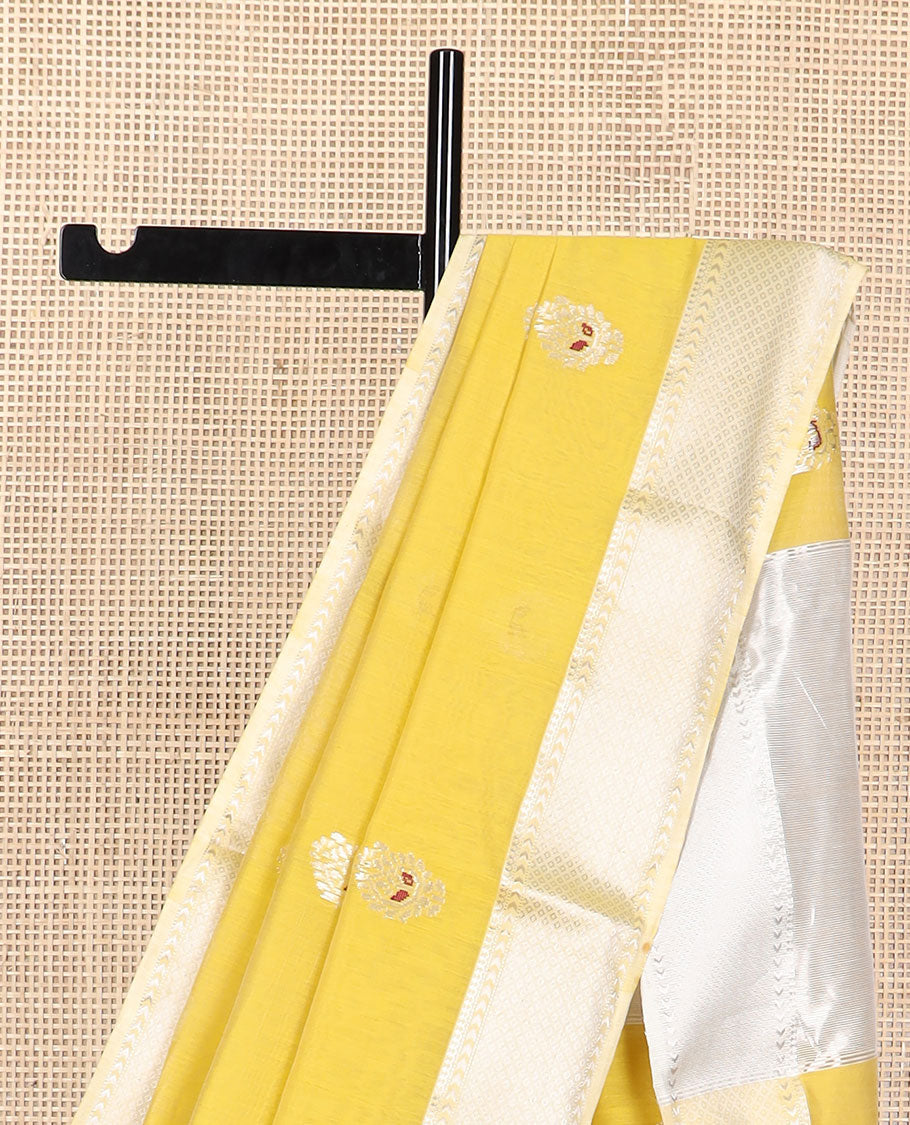 Yellow motifs maheswari cotton saree with self zari design border & striped, floral zari design pallu