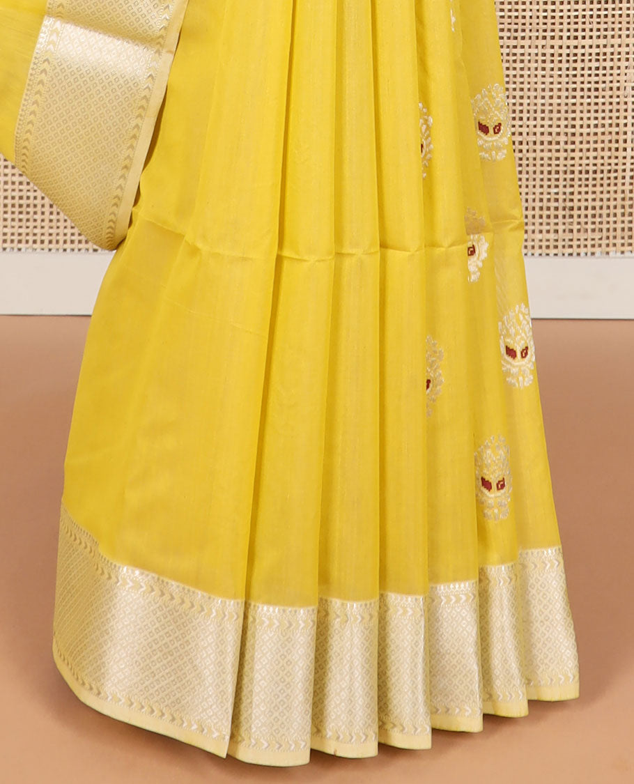 Yellow motifs maheswari cotton saree with self zari design border & striped, floral zari design pallu