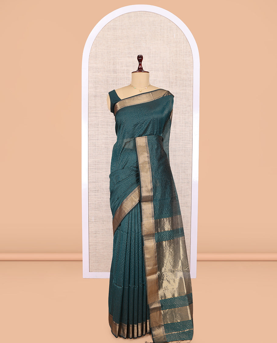Blue Maheshwari Cotton Saree, Accentuated with Zari Checks, Highlighted by a Traditional Zari Border, Gleaming Zari Woven Pallu, and a Matching Blouse