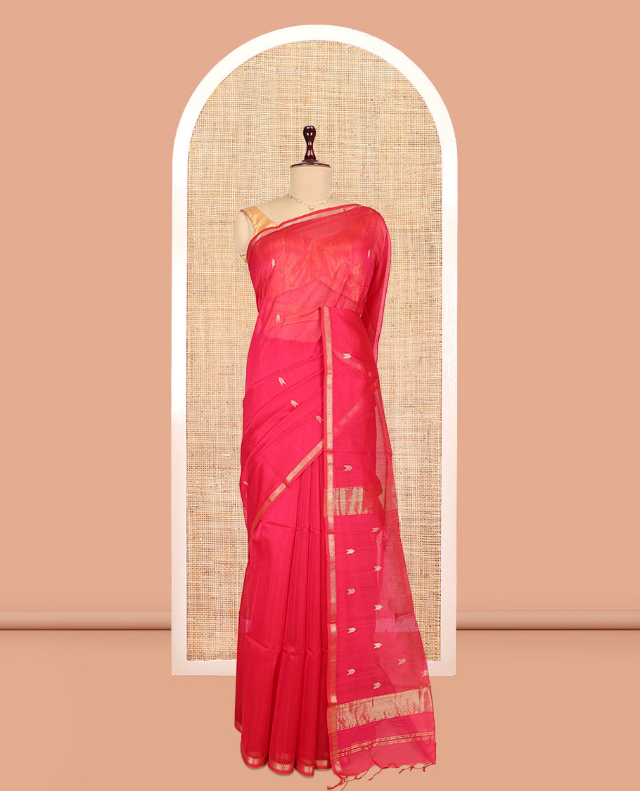 Red Maheshwari Cotton Saree, Detailed with Zari Buttas, a Zari Border, Zari Buttas Pallu, and a Matching Blouse