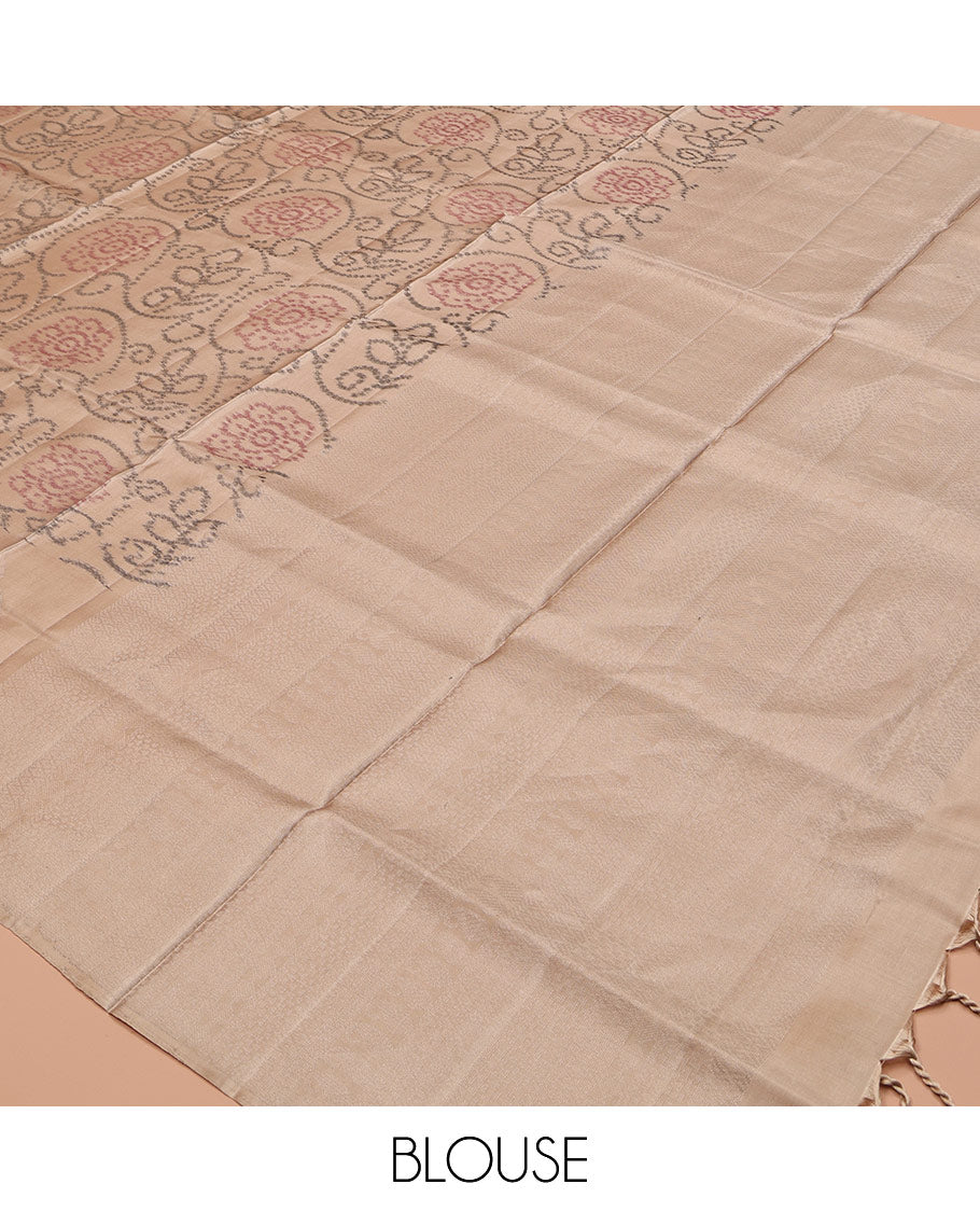 Sandal Mayuri Soft Silk Saree, Adorned with Ikat Weave, Sparsely Woven Zari Border, Sparsely Woven Pallu, and a Matching Blouse