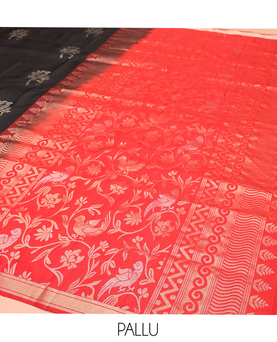 Black Mayuri Soft Silk Saree, Accentuated with Bird Buttas All Over Its Body, Subtle Zari Piping Border, Complemented by Contrast Pallu of Floral-Bird Jaal Designs, and Paired with Contrast Blouse