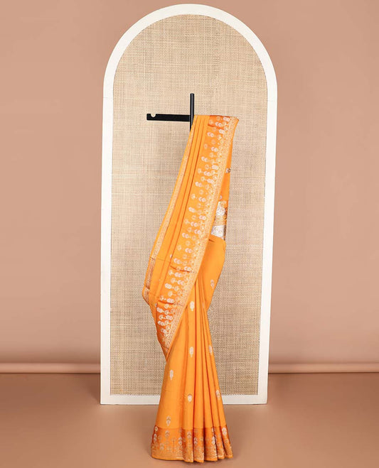 Orange floral motifs mushru silk saree with self floral design border & floral jaal design pallu