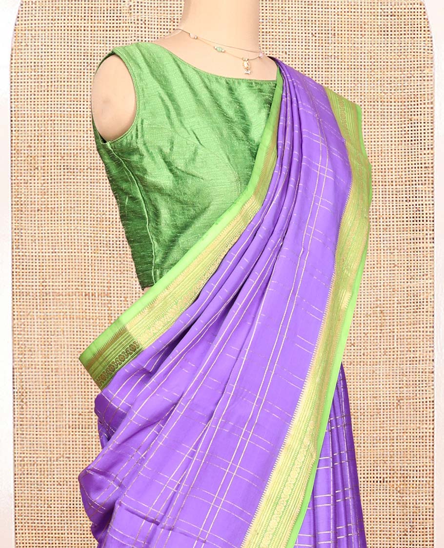 Lavender Mysore Silk Saree, Gleamed Up with Zari Checked Designs, Complemented by a Contrast Traditional Zari Design Border, Pallu Steeped with Zari Stripes, and Paired with a Contrast Blouse