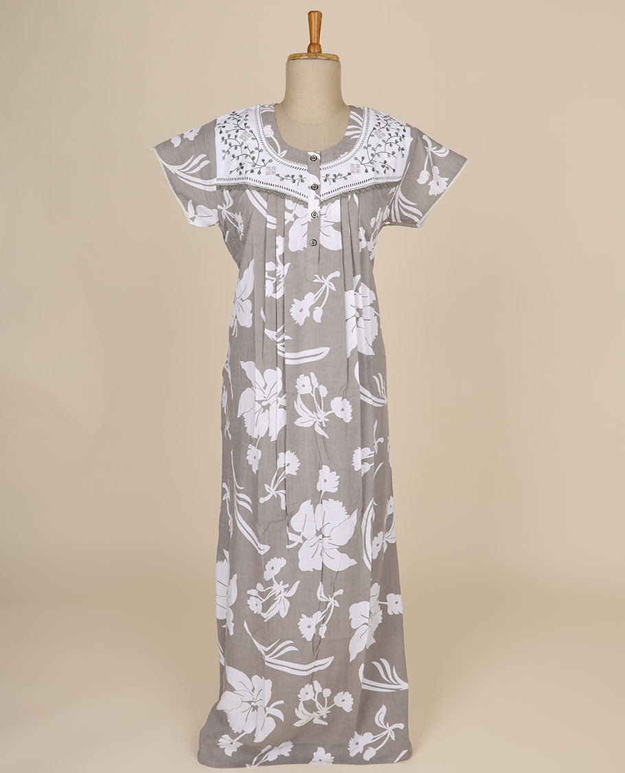 Grey floral printed & floral thread embroidery round neck cotton half-sleeve nighty