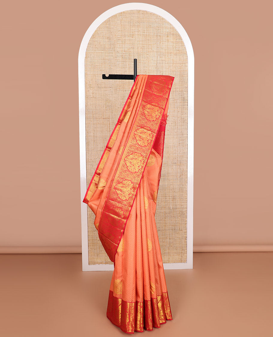 Peach jaal design silk saree with contrast border of thilakam mokku, muthu, banaras designs & floral design pallu