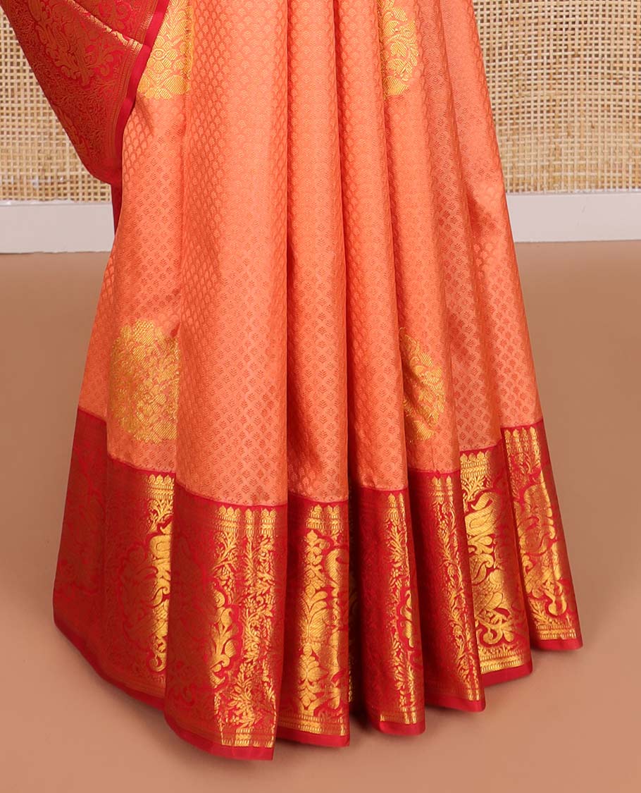 Peach jaal design silk saree with contrast border of thilakam mokku, muthu, banaras designs & floral design pallu
