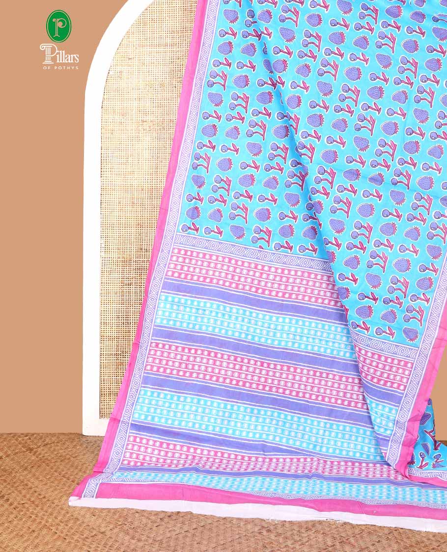 Blue strawberry, cherry print mul mul cotton saree with contrast geometric printed border