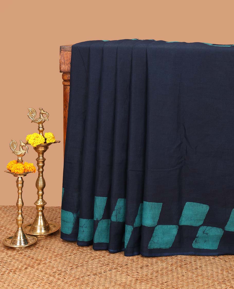 Blue kota cotton saree with box type pathik printed border & printed pallu along with printed blouse