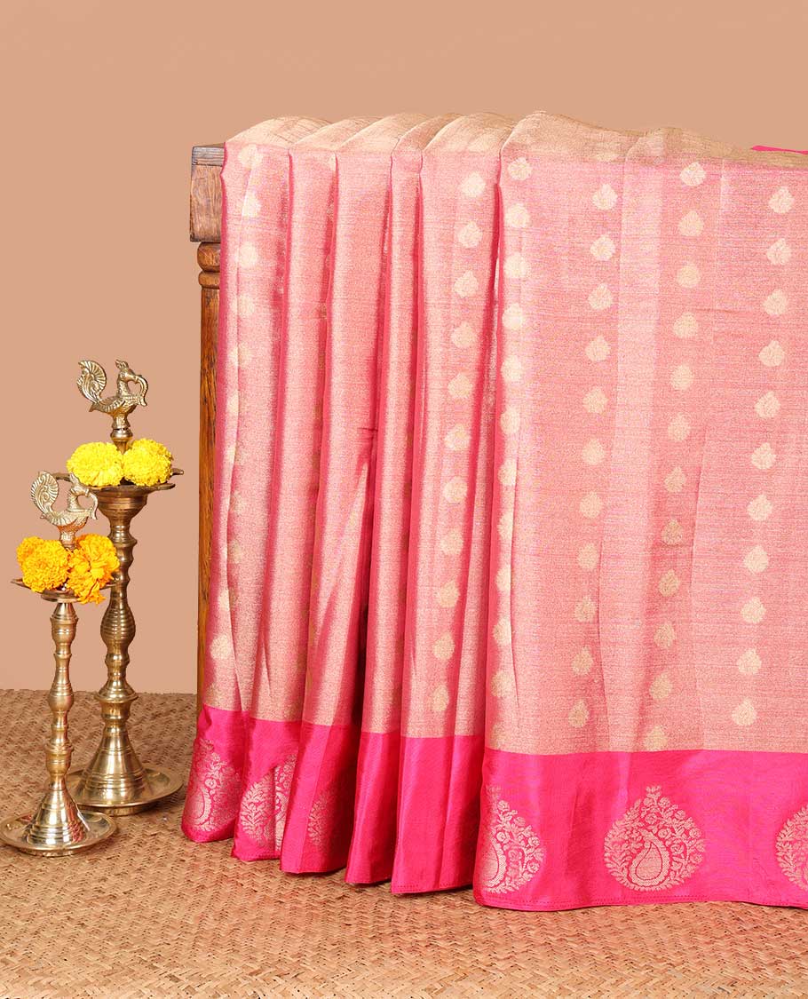 Pink zari butta design banaras tissue saree with butta border & rich brocade pallu along with running blouse