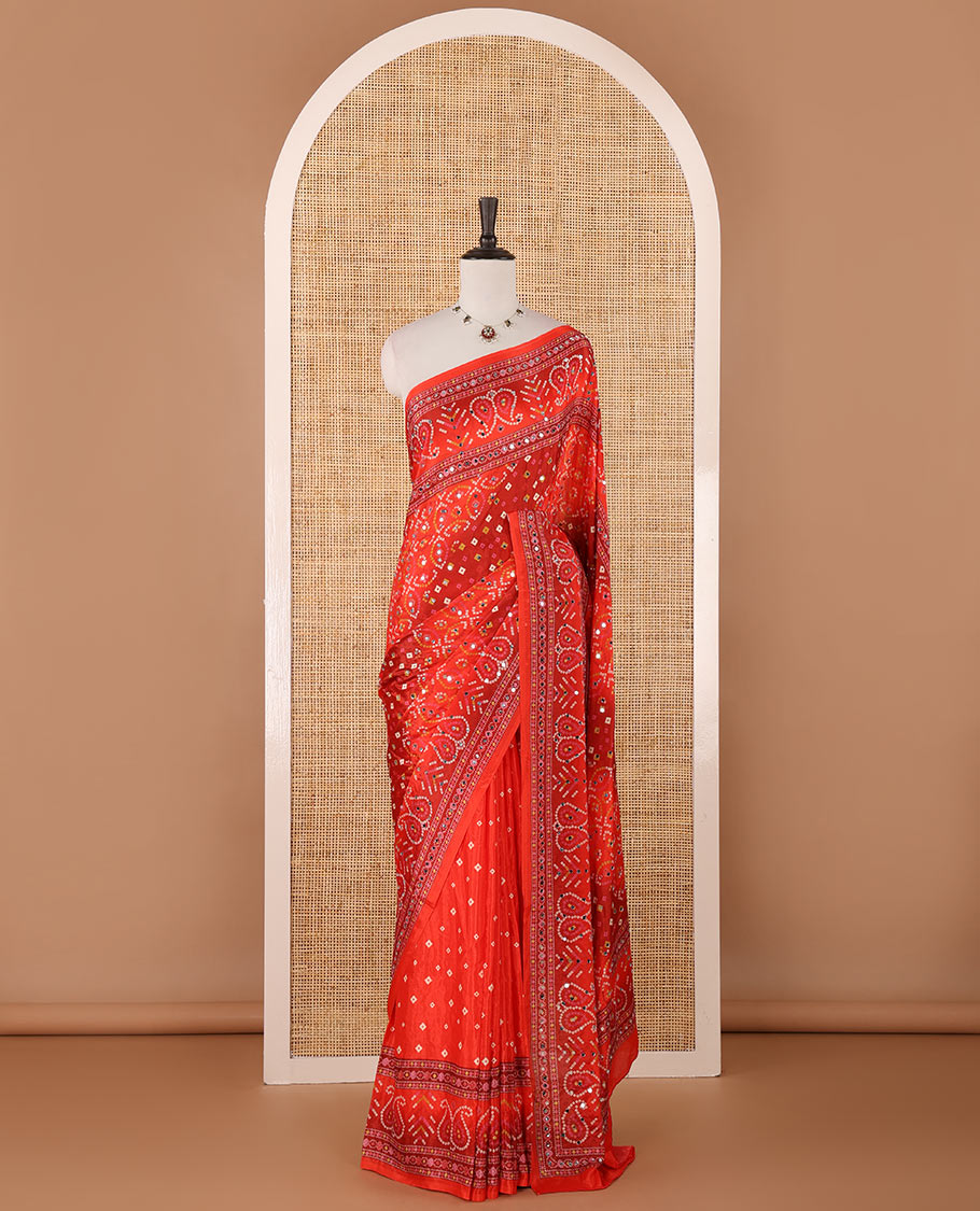 Red bhandani style printed, mirror work masakali saree with self mango bhandani printed, mirror work border 7 printed pallu along with printed blouse