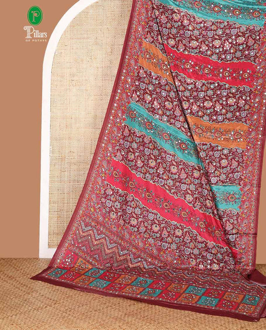 Multi-color geometric design masakali saree with printed, mirror work border & printed, mirror work pallu along with plain blouse